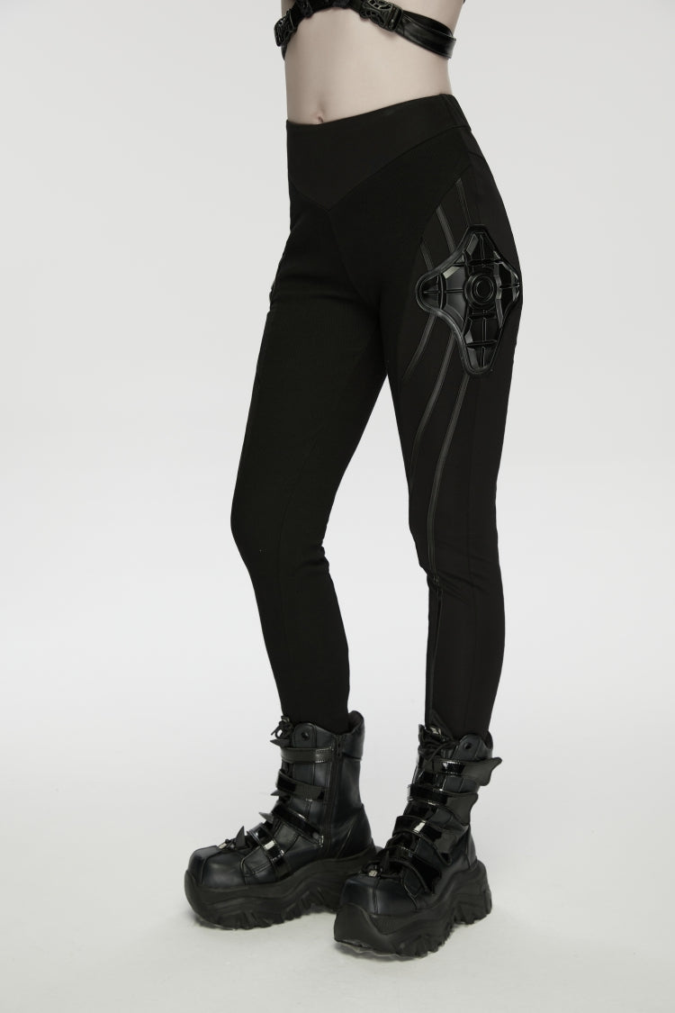 Black Slim Women's Punk Armor-Accentuated Paneled  Leggings