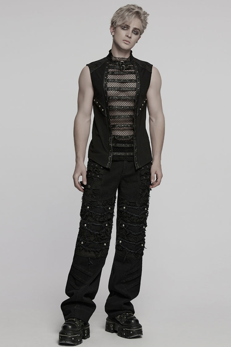 Black Sleeveless Stitching Mesh Eyelet Straps Men's Punk Vest