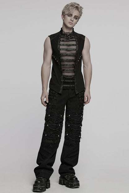 Black Sleeveless Stitching Mesh Eyelet Straps Men's Punk Vest