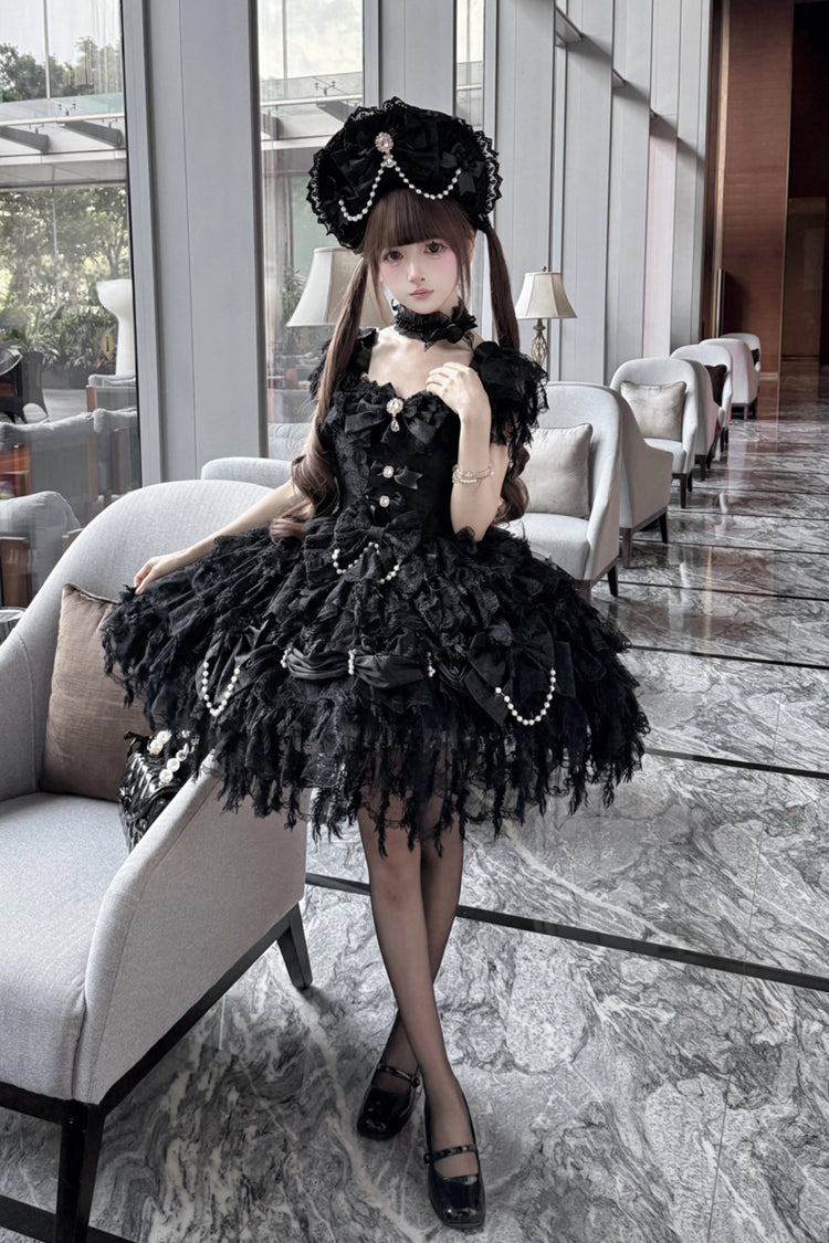 Black [Cloudborne Snowfeather] Sleeveless Multi-Layered Hanayome Bowknot Pearl Gothic Lolita Jsk Dress