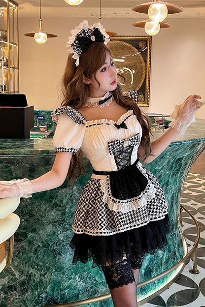 Black/White [Lovely Houndstooth] Square Collar Short Sleeves Print Ruffle Bowknot Lace Maid Sweet Lolita Dress