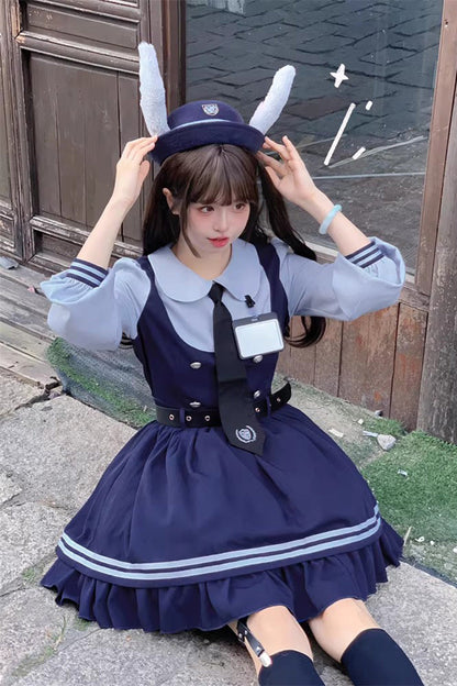 Blue [Rabbit Officer] Long Sleeves Printed Ruffled Faux Two-Piece College Style Sweet Lolita Dress