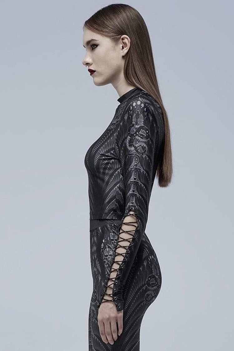 Black/Grey Gothic Perspective Elasticity Skeleton Print Cross Tie Rope Design Mesh Women's T-Shirt