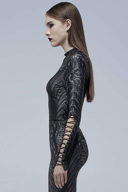 Black/Grey Gothic Perspective Elasticity Skeleton Print Cross Tie Rope Design Mesh Women's T-Shirt