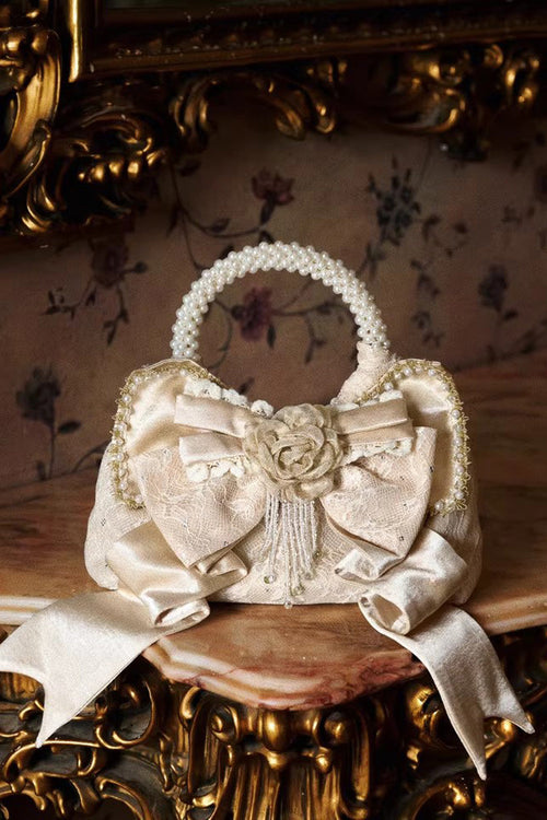 Champagne Satin Gilded 3D Bow Pearl-Decorated Sweet Lolita Handbag
