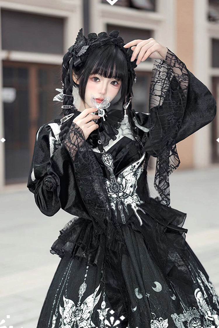 Black [Feast of Bones] Print Ruffle Bowknot Lace Gothic Elegant Lolita Long Dress