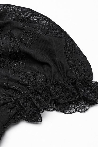 Black Stand Collar Long Puff Sleeves Jacquard Lace Women's Gothic Blouse