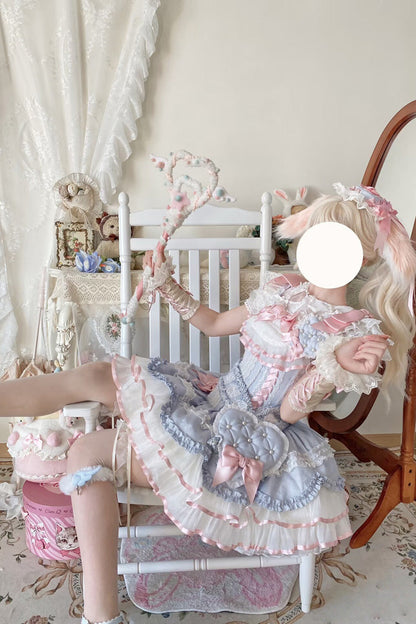 Blue Triple-Layered Ruffled Bow Lace-Up Slim Ballet Sweet Lolita Dress