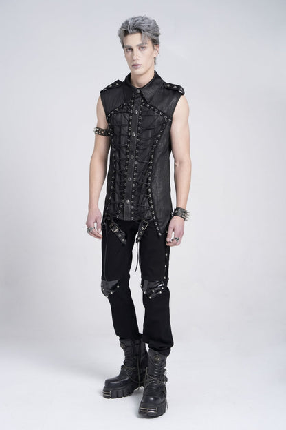 Black Sleeveless Studded Lace-Up Men's Gothic Blouse