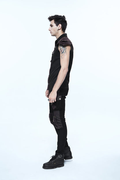 Black Twill Brown One Shoulder Armor Heat Seal Hasp Sleeveless Men's Punk Shirt