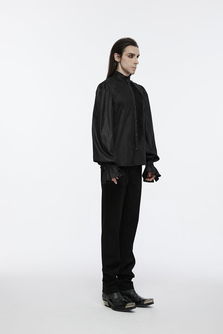 Black Stand Collar Long Puff Sleeves Crochet Men's Gothic Blouse