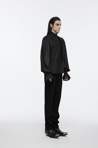 Black Stand Collar Long Puff Sleeves Crochet Men's Gothic Blouse