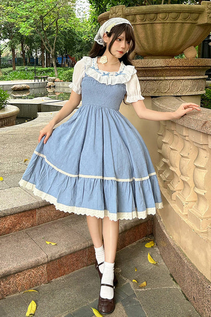Blue Print Ruffle Stitching Lace Sweet Lolita Strap Dress Set