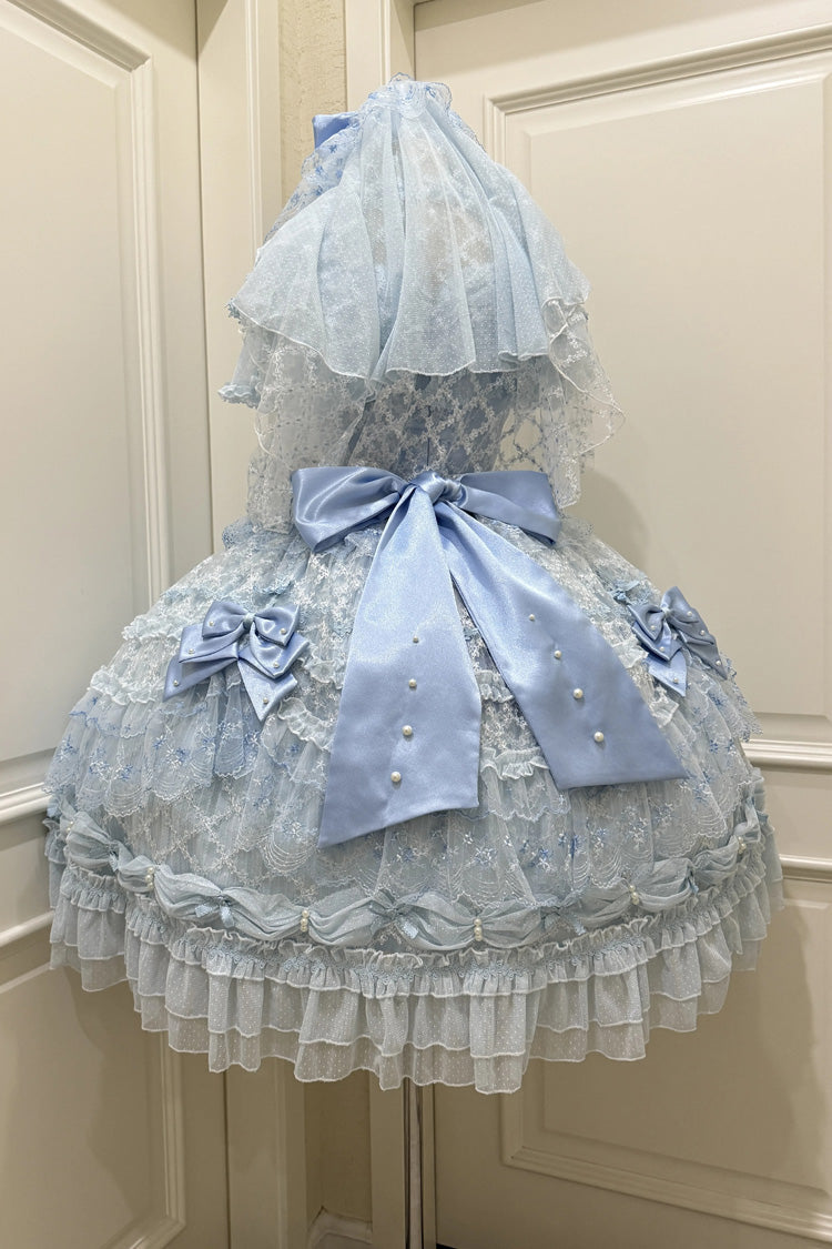 Blue Long Sleeves Hanayome Bow Lace-Up Sweet Gorgeous Lolita Dress with Train and Veil