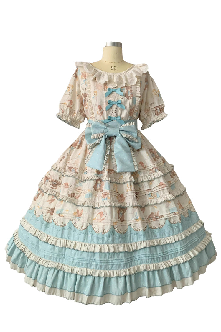Blue/Apricot [Harvest Bear] Print Short Sleeves Multi-Layered Ruffle Bowknot Sweet Plus Size Lolita Dress 2 Versions