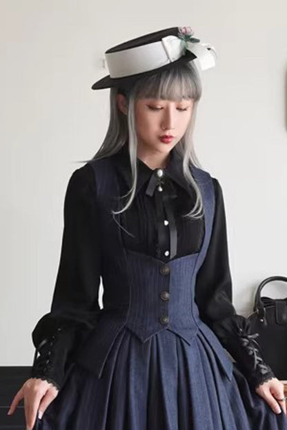 Blue [Griffin’s Pact] Striped Printed Ruffled Gothic Lolita Skirt Vest Set