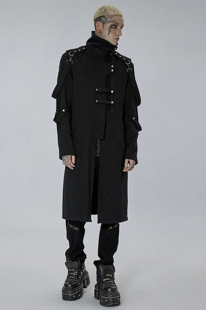 Black Punk Asymmetry High Collar Placket Metal Shoulder Detachable Webbing Men's Knitted Coat