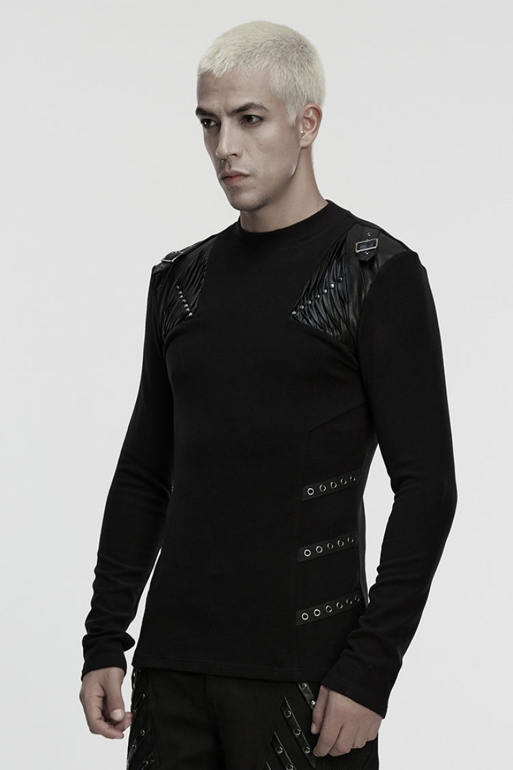 Black Round Collar Long Sleeves Buckled Strappy Pleated Eyelet Men's Punk Top