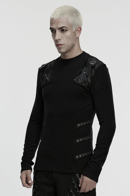 Black Round Collar Long Sleeves Buckled Strappy Pleated Eyelet Men's Punk Top