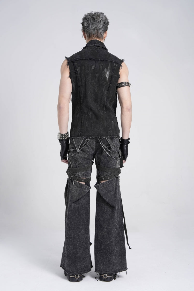Black Sleeveless Studded Lace-Up Men's Gothic Distressed Vest