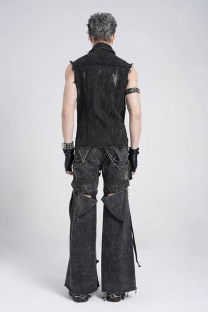 Black Sleeveless Studded Lace-Up Men's Gothic Distressed Vest