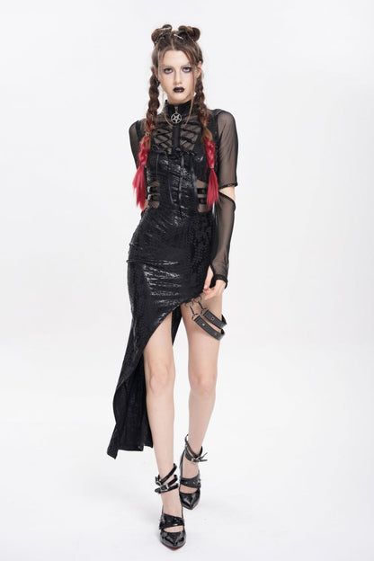 Black Stand Collar Long Sleeves Stitching Lace-Up Mesh Women's Punk Dress with Detachable Strap