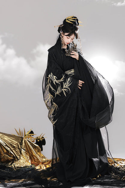 Black [Bamboo Leaves] V Collar Trumpet Sleeves High Waisted Embroidered Women's Classic Hanfu Dress Set