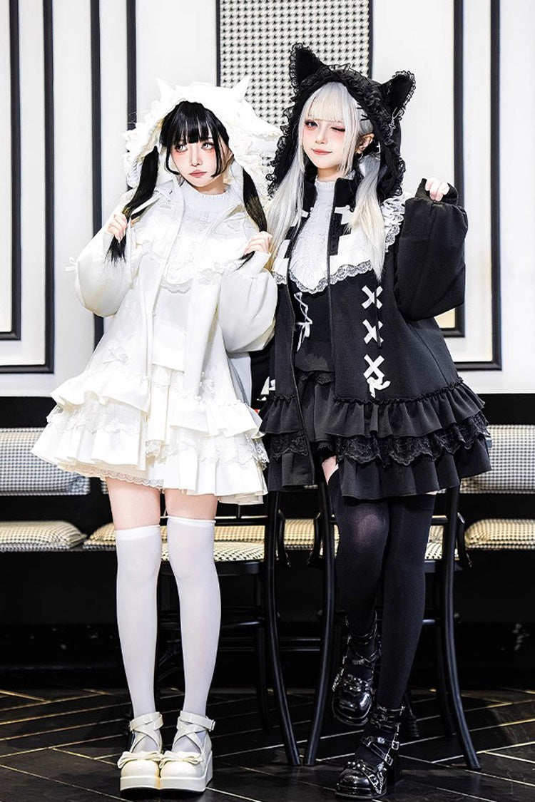 White Long Sleeves Ruffle Zipper Sweet Handsome Lolita Sweatshirt Coat
