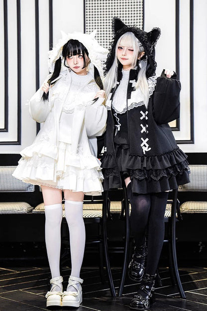 White Long Sleeves Ruffle Zipper Sweet Handsome Lolita Sweatshirt Coat