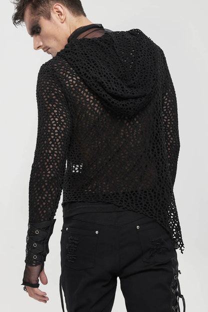 Black Punk Long Sleeve Elasticity Big Hole Mesh Drawstring Design Irregular Hooded Men's Shirt