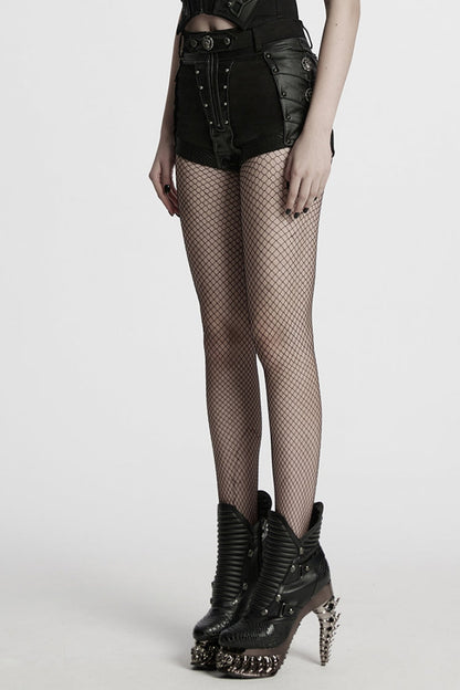 Black Stitching Faux Leather Mesh Studded Women's Punk Shorts