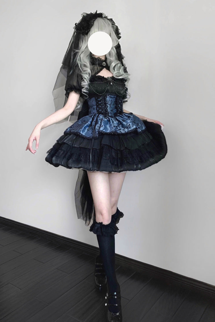 Black/Gray-Blue Ancient Dream of the Dark Night Print Ruffle Gothic Lolita Jsk Dress