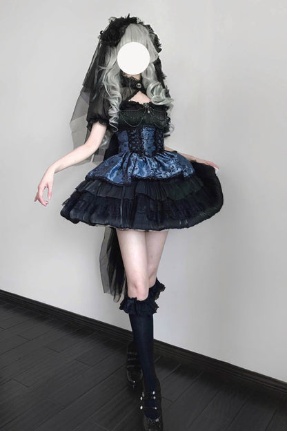 Black/Gray-Blue Ancient Dream of the Dark Night Print Ruffle Gothic Lolita Jsk Dress
