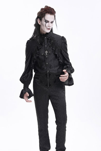 Black Stand Collar Long Sleeves Ruffle Lace Cross Men's Gothic Blouse
