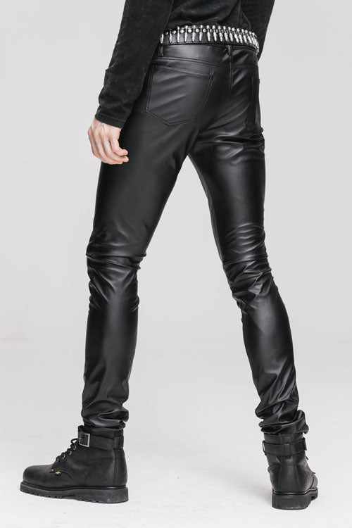 Black Wear Synthetic Leather Basic Model Punk Tight Mens Pants