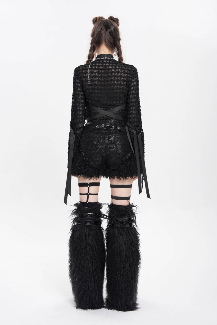 Black Stand Collar Long Sleeves Mesh Buckle Straps Women's Punk Blouse