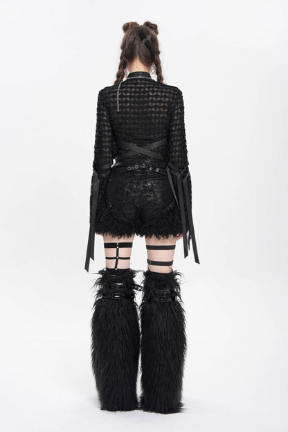 Black Stand Collar Long Sleeves Mesh Buckle Straps Women's Punk Blouse