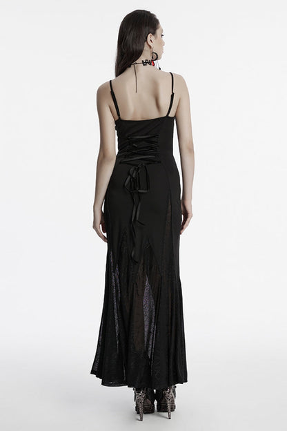 Black Sleeveless Plunging Sipder Stitching Mesh Women's Gothic Party Dress