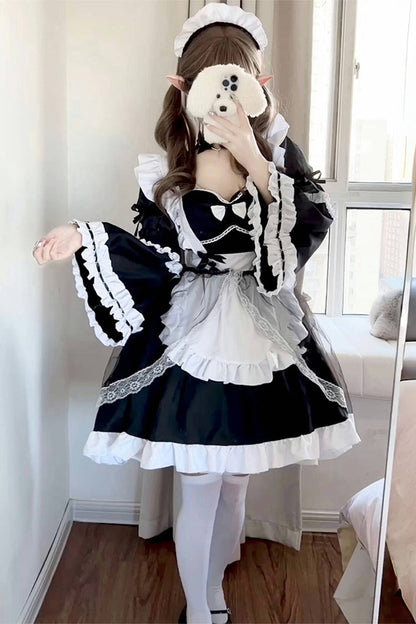 Black/White Maid Long Hime Sleeves Ruffle Bowknot Sweet Plus Size Lolita Dress Full Set