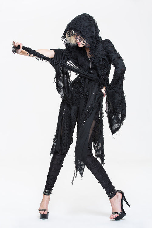 Black Ragged Horn Sleeves Womens Punk Long Coat
