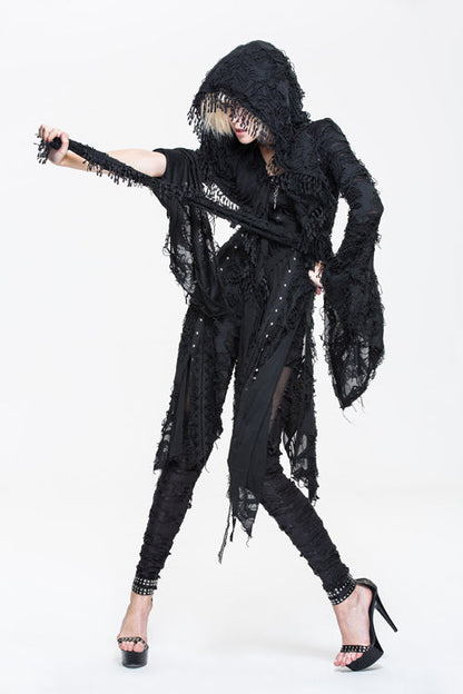 Black Ragged Horn Sleeves Womens Punk Long Coat