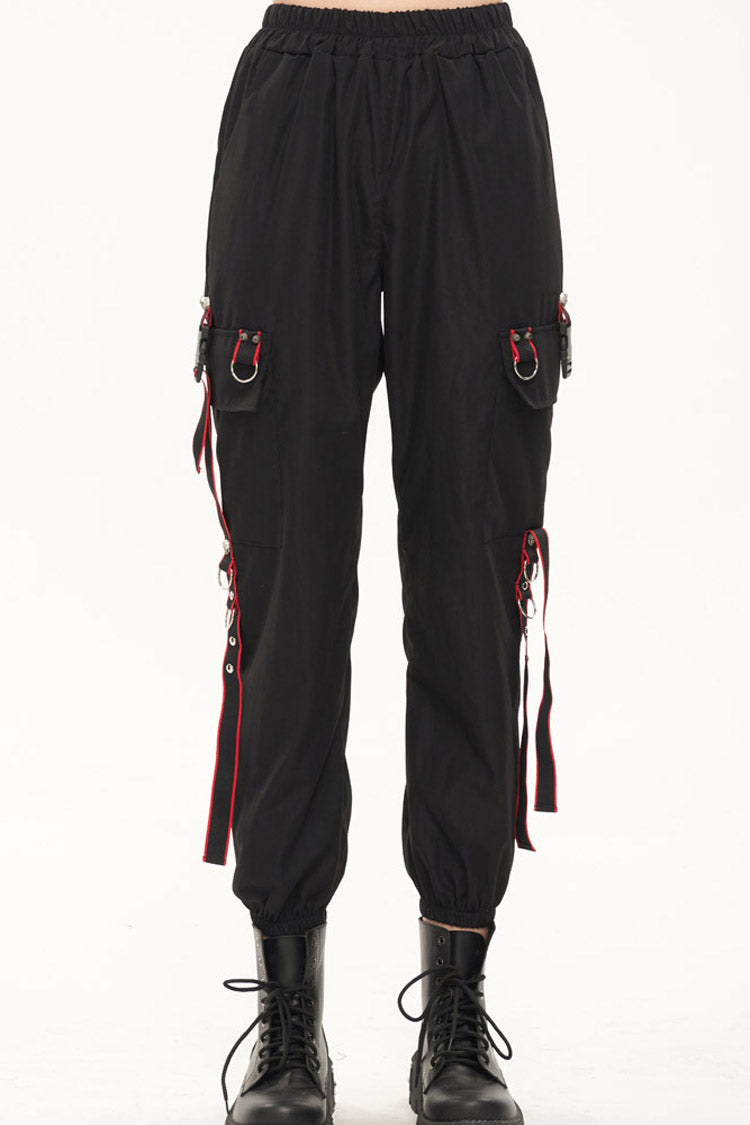 Black Punk Casual Skull Webbing Decoration Women's Long Pants