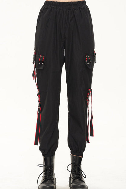 Black Punk Casual Skull Webbing Decoration Women's Long Pants