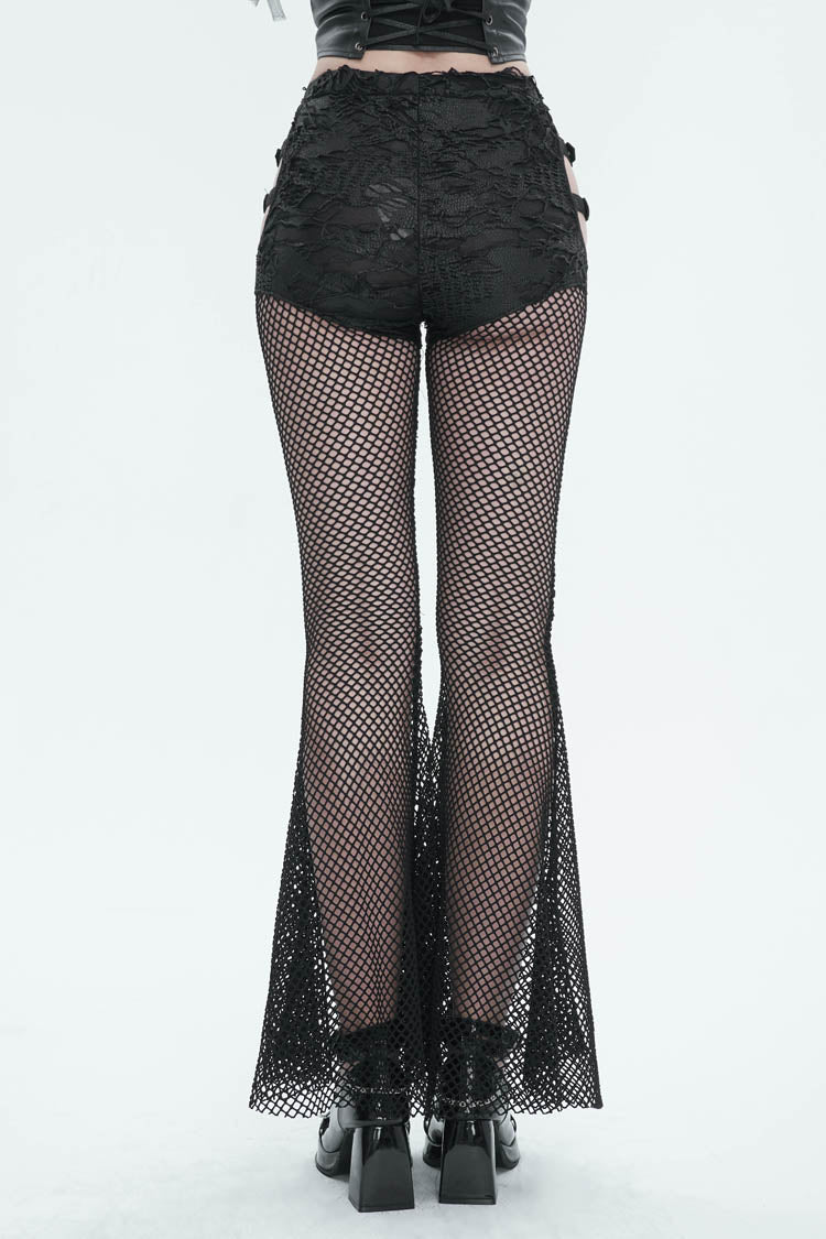 Black Stretch Knit Panel Mesh Cutout Flare Women's Gothic Trousers