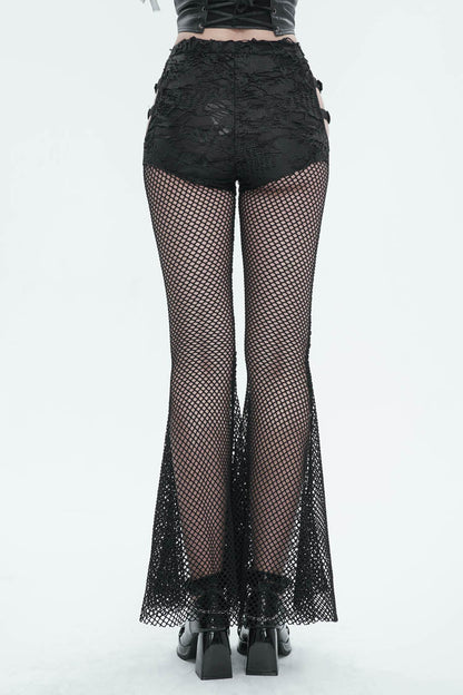 Black Stretch Knit Panel Mesh Cutout Flare Women's Gothic Trousers