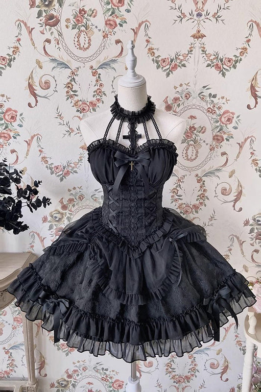 Dark Black Tube Top Sleeveless Blowknot Ruffled Gothic Lolita Tiered Dress