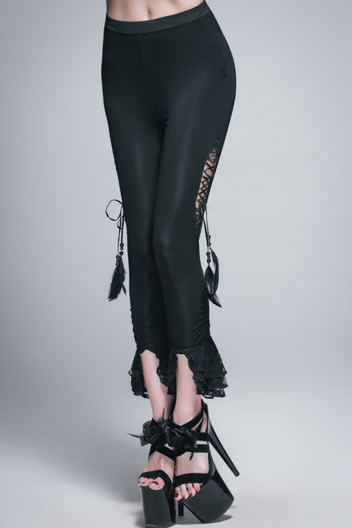 Black Side Hollow Out Lace Up Slit Lace Hem Gothic Womens Pants