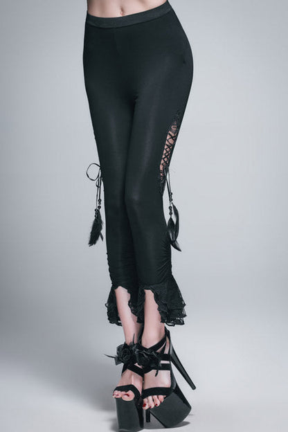 Black Side Hollow Out Lace Up Slit Lace Hem Gothic Womens Pants