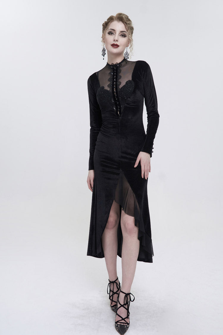 Black Small Stand Collar Cashew Paisley Lace On Chest Mesh Paneled Asymmetrical Hem Long Sleeve Women's Gothic Dress