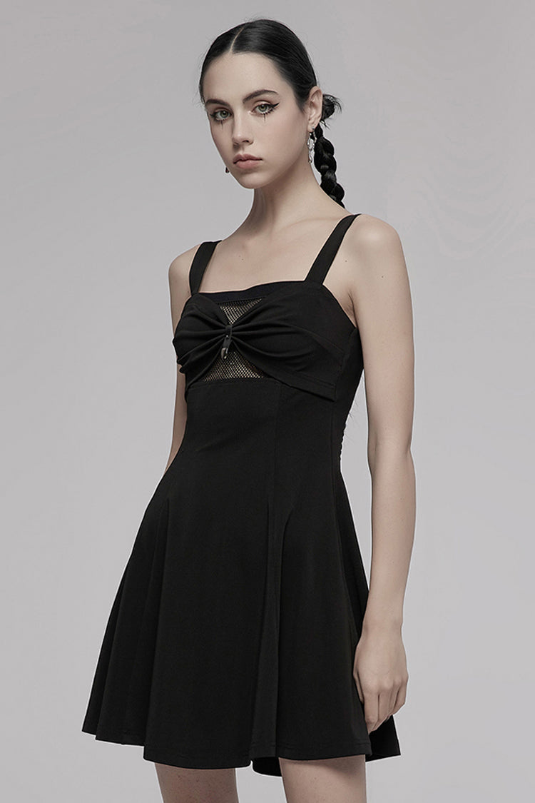 Black Suspender Hollow Mesh Metal PU Buckle Bow Design Sleeveless Women's Punk Dress